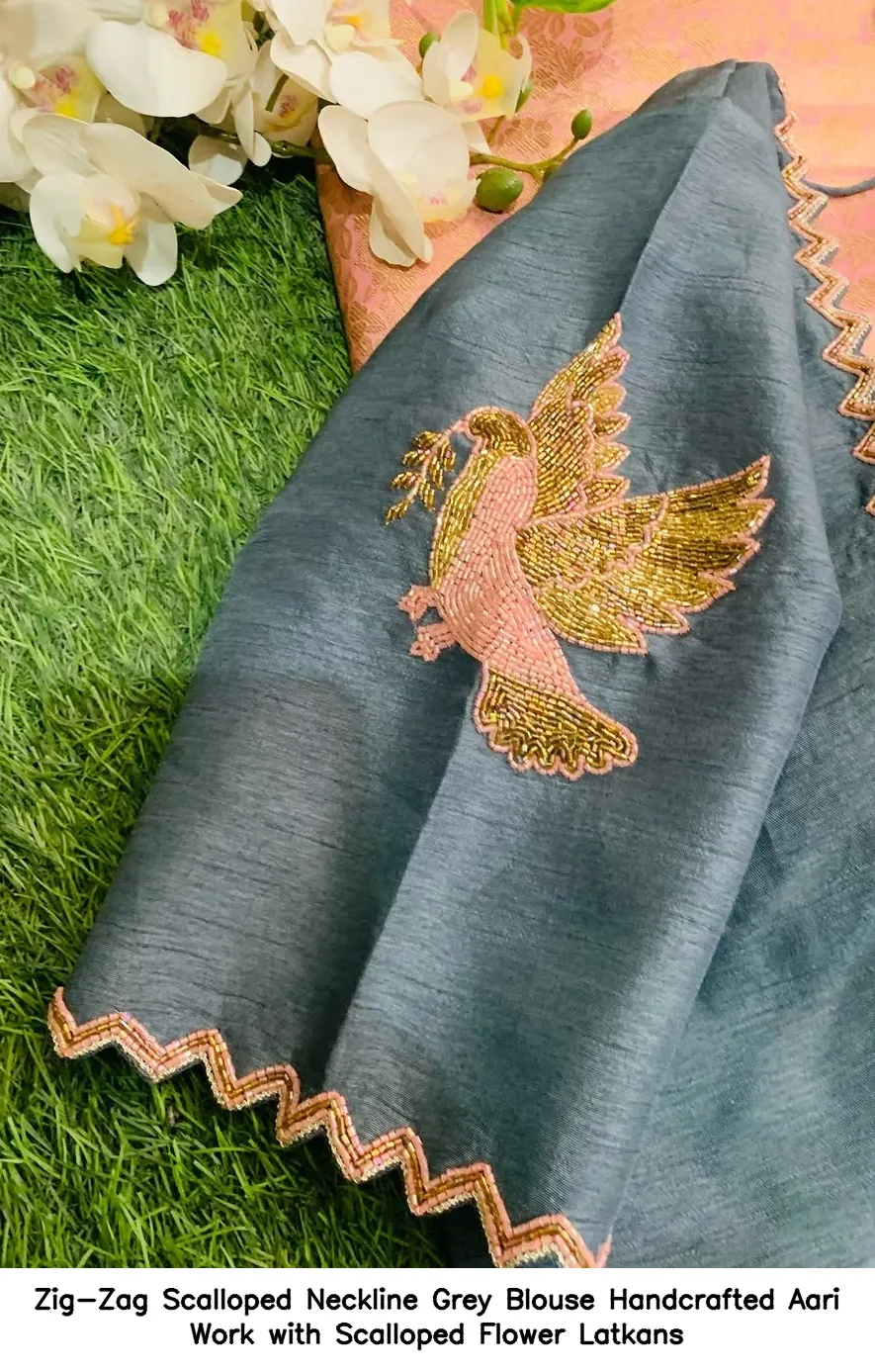 Zig-Zag Scalloped Neckline Grey Blouse – Handcrafted Aari Work with Scalloped Flower Latkans