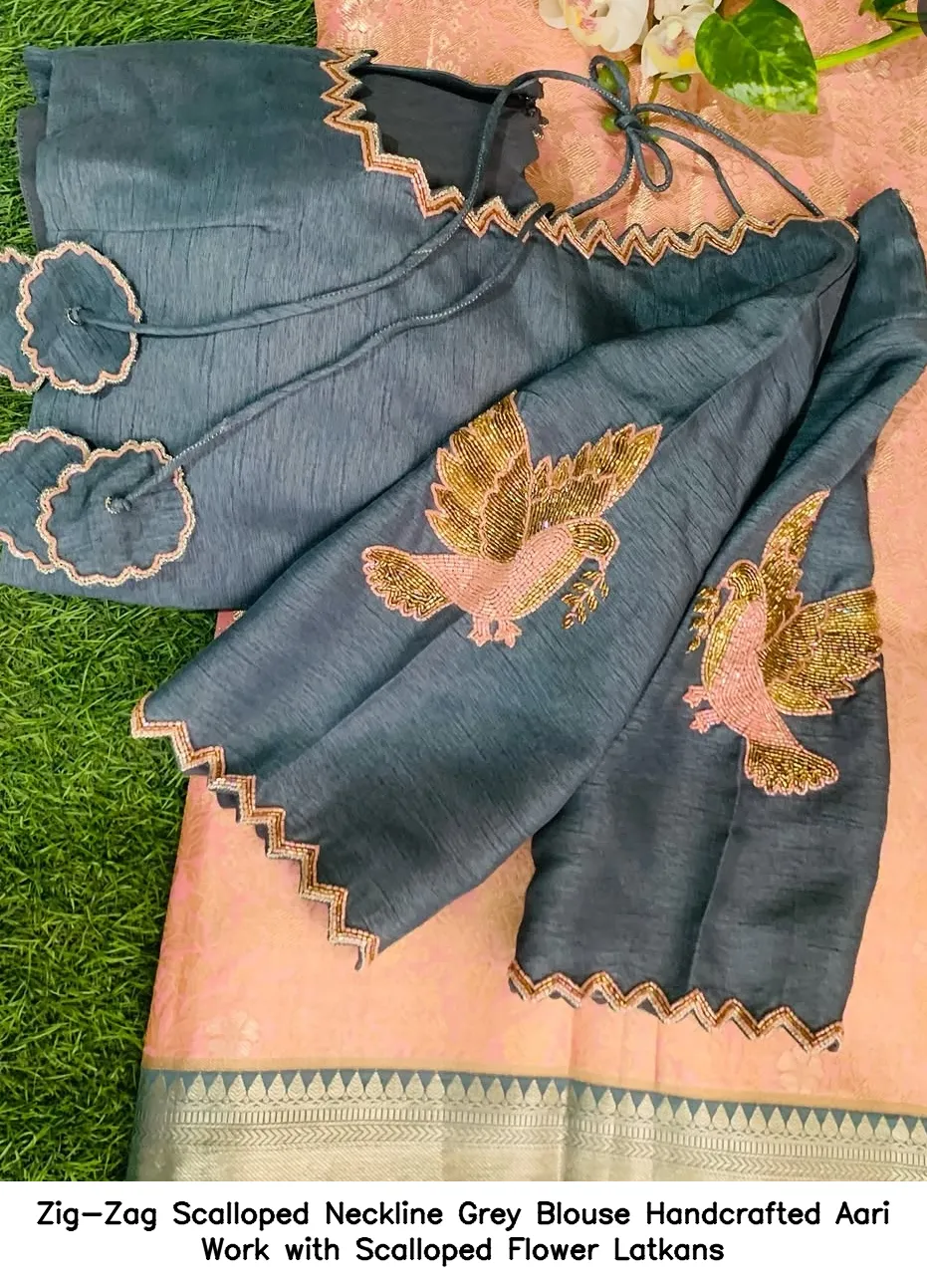 Zig-Zag Scalloped Neckline Grey Blouse – Handcrafted Aari Work with Scalloped Flower Latkans