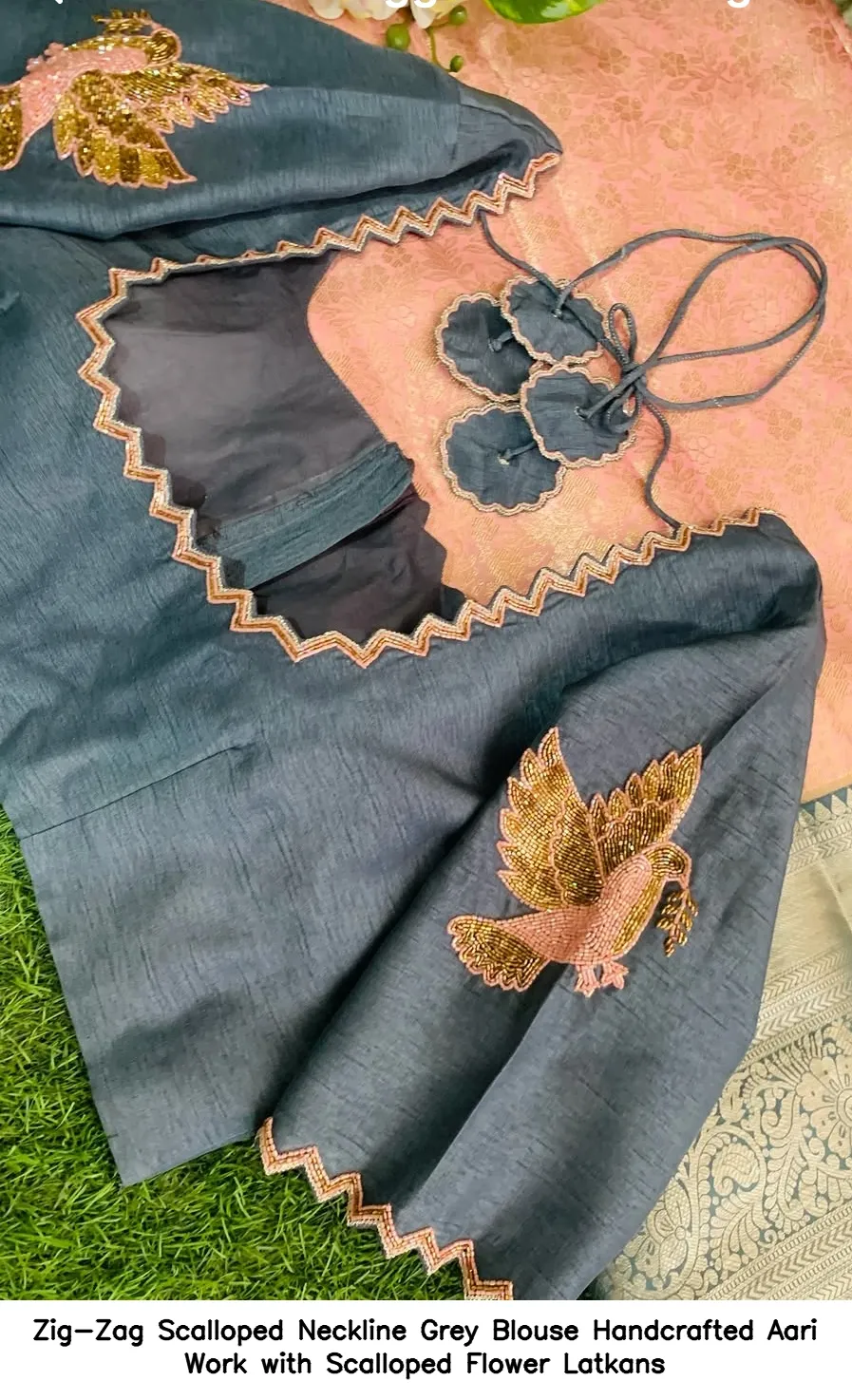Zig-Zag Scalloped Neckline Grey Blouse – Handcrafted Aari Work with Scalloped Flower Latkans