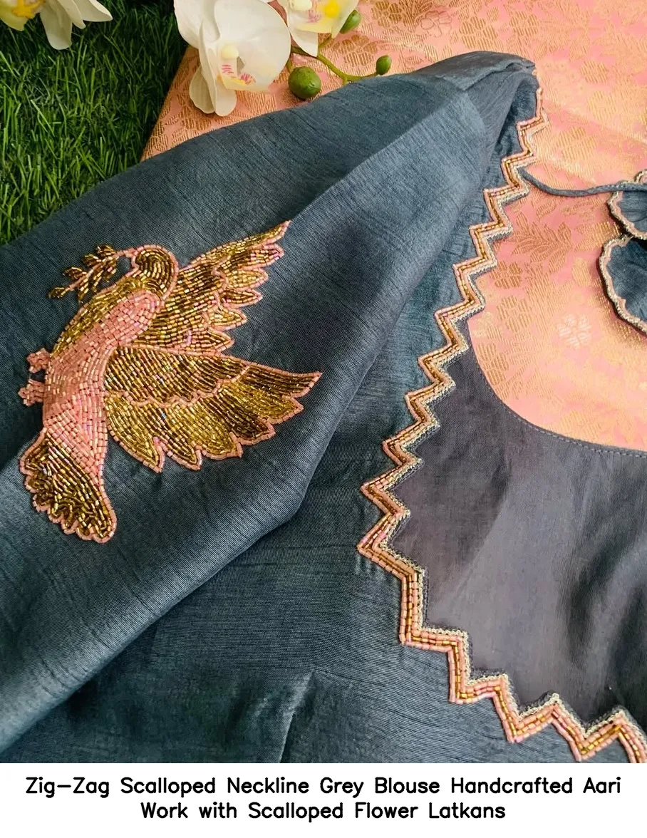 Zig-Zag Scalloped Neckline Grey Blouse – Handcrafted Aari Work with Scalloped Flower Latkans