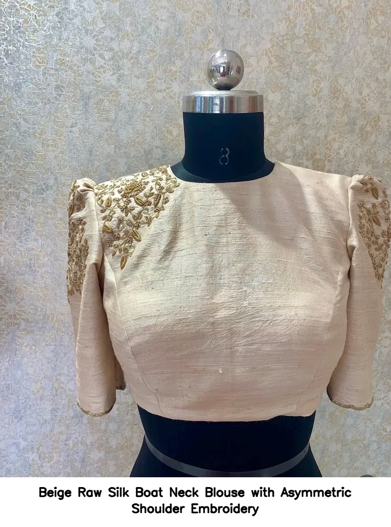 Beige Raw Silk Boat Neck Blouse with Asymmetric Shoulder Embroidery