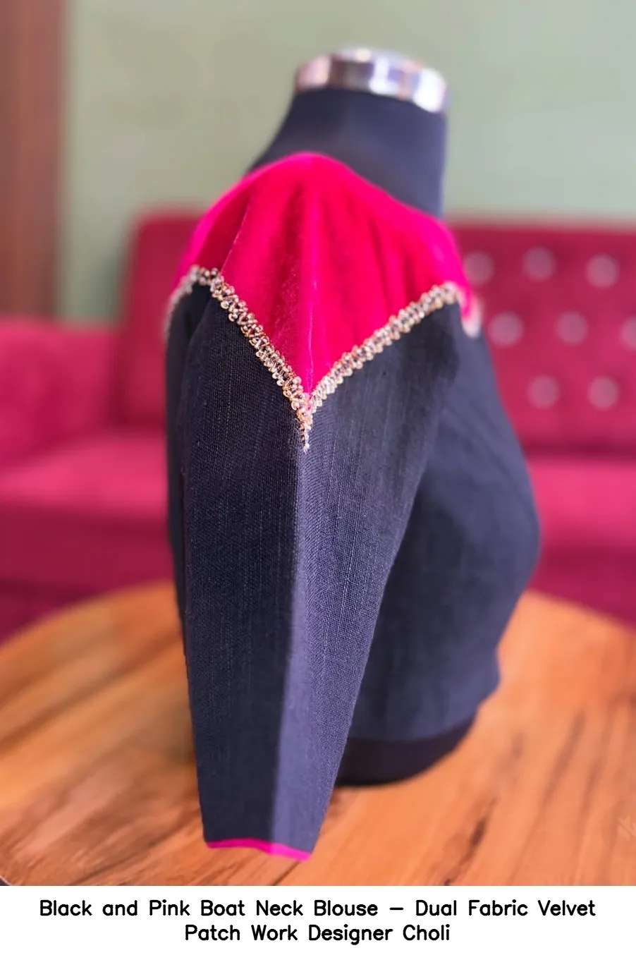 Black and Pink Boat Neck Blouse - Dual Fabric Velvet Patch Work Designer Choli