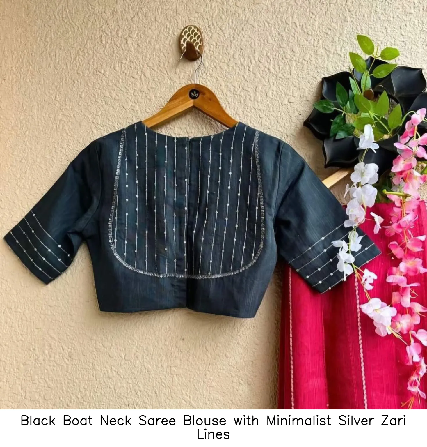 Black Boat Neck Saree Blouse with Minimalist Silver Zari Lines