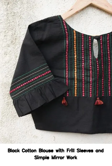 Black Cotton Blouse with Frill Sleeves and Simple Mirror Work