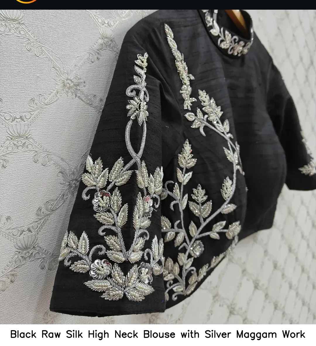 Black Raw Silk High Neck Blouse with Silver Maggam Work