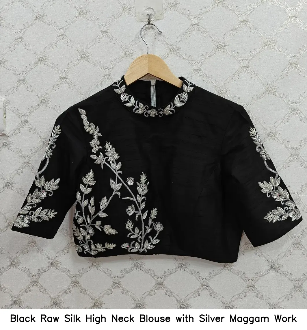 Black Raw Silk High Neck Blouse with Silver Maggam Work