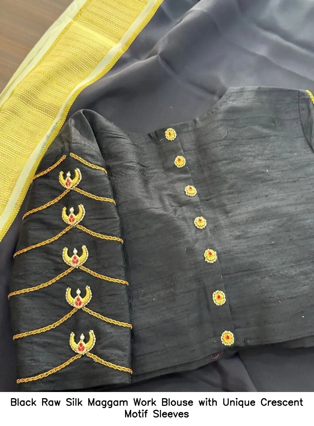 Black Raw Silk Maggam Work Blouse with Unique Crescent Motif Sleeves