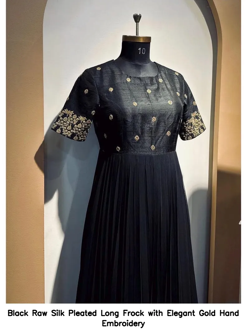 Black Raw Silk Pleated Long Frock with Elegant Gold Hand Embroidery