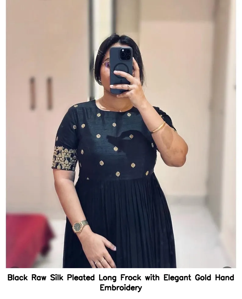 Black Raw Silk Pleated Long Frock with Elegant Gold Hand Embroidery