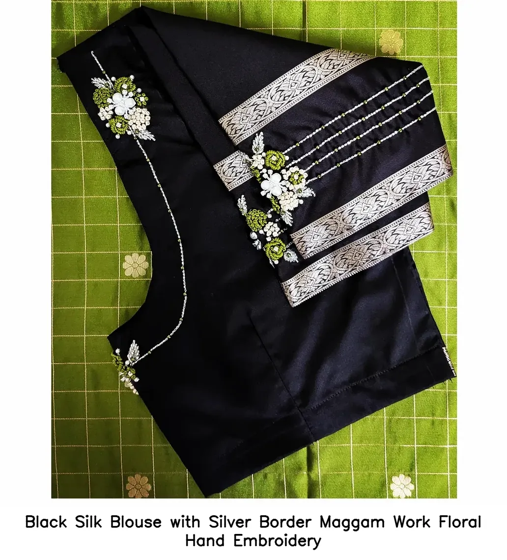 Black Silk Blouse with Silver Border Maggam Work – Floral Hand Embroidery