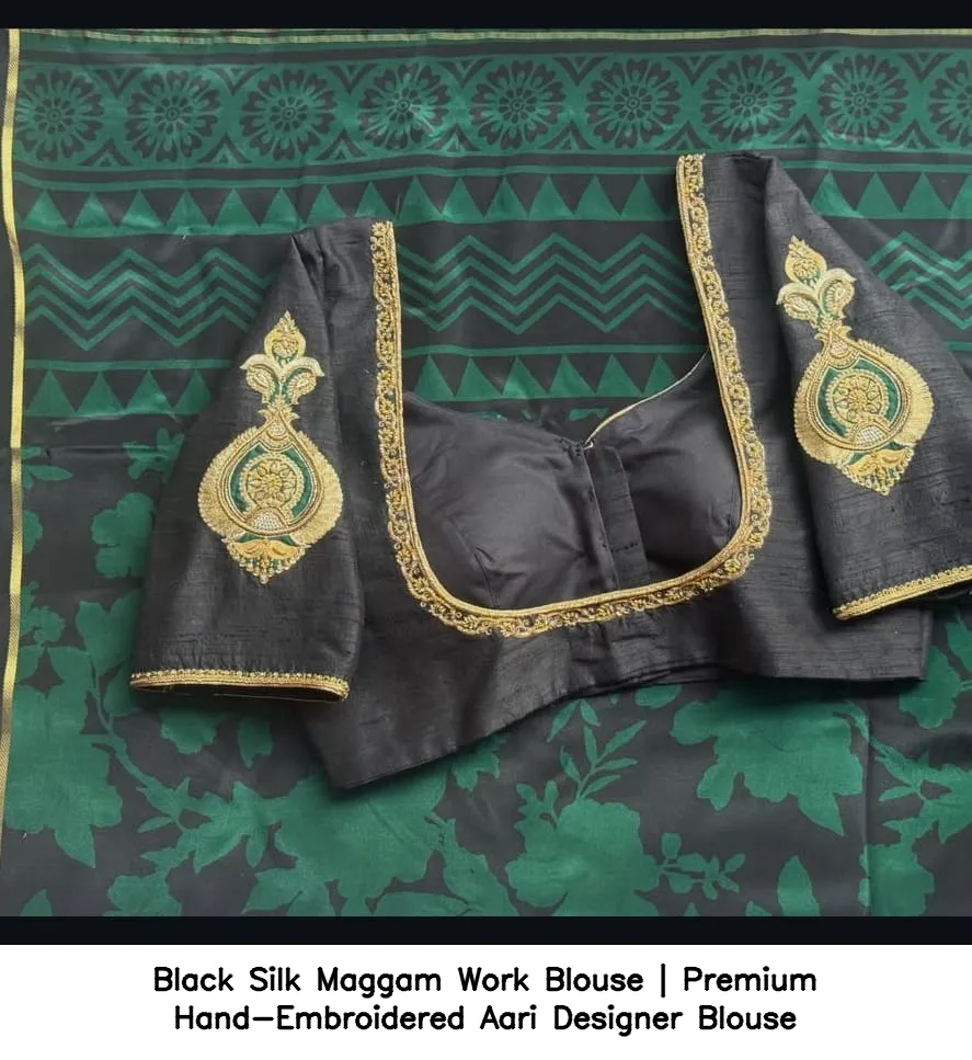 Black Silk Maggam Work Blouse | Premium Hand-Embroidered Aari Designer Blouse