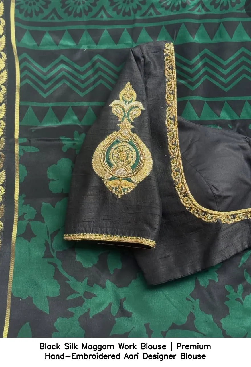 Black Silk Maggam Work Blouse | Premium Hand-Embroidered Aari Designer Blouse 2