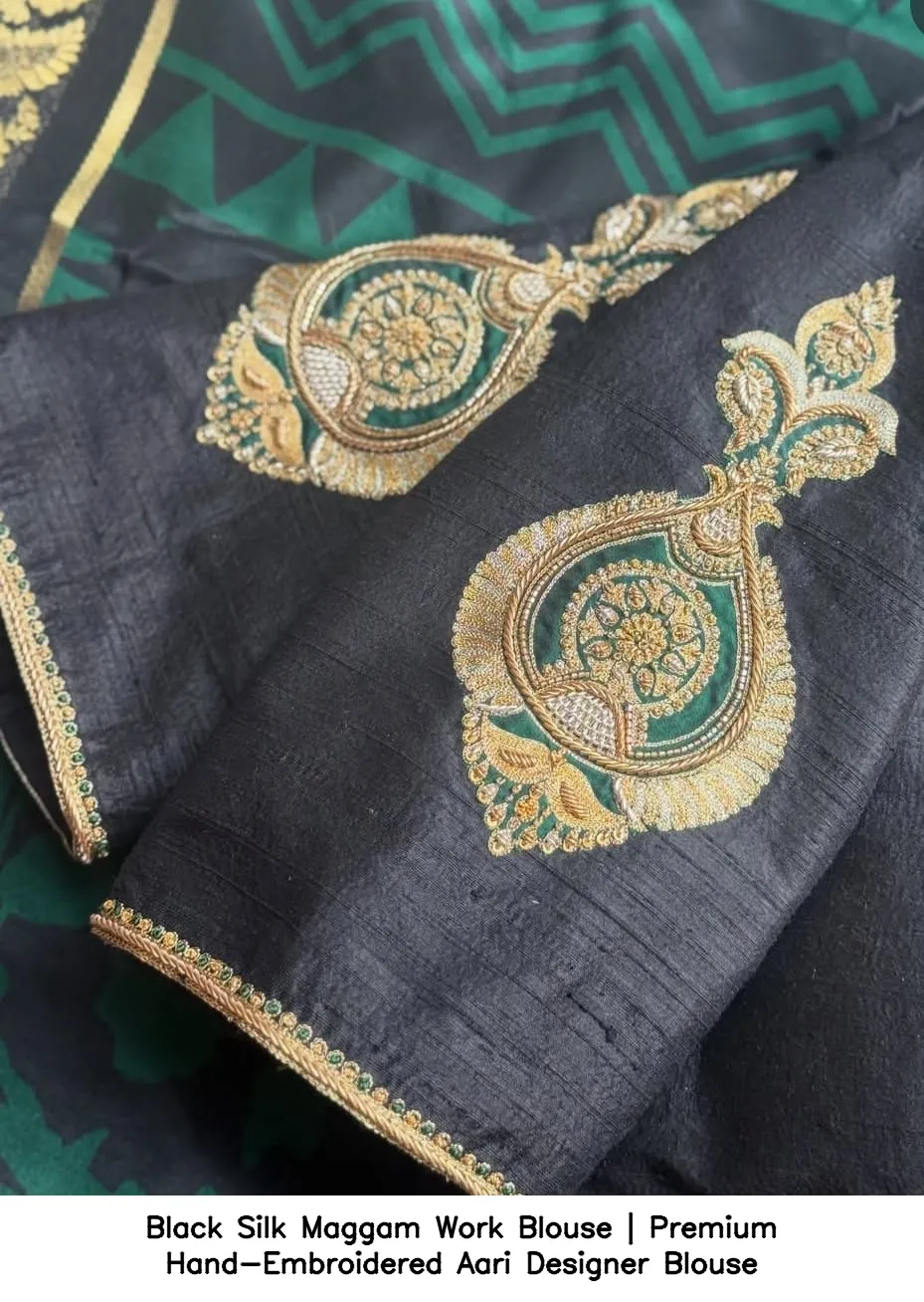 Black Silk Maggam Work Blouse | Premium Hand-Embroidered Aari Designer Blouse 3