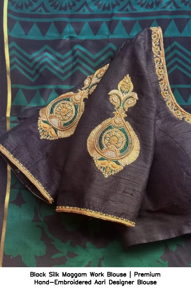 Black Silk Maggam Work Blouse | Premium Hand-Embroidered Aari Designer Blouse 4
