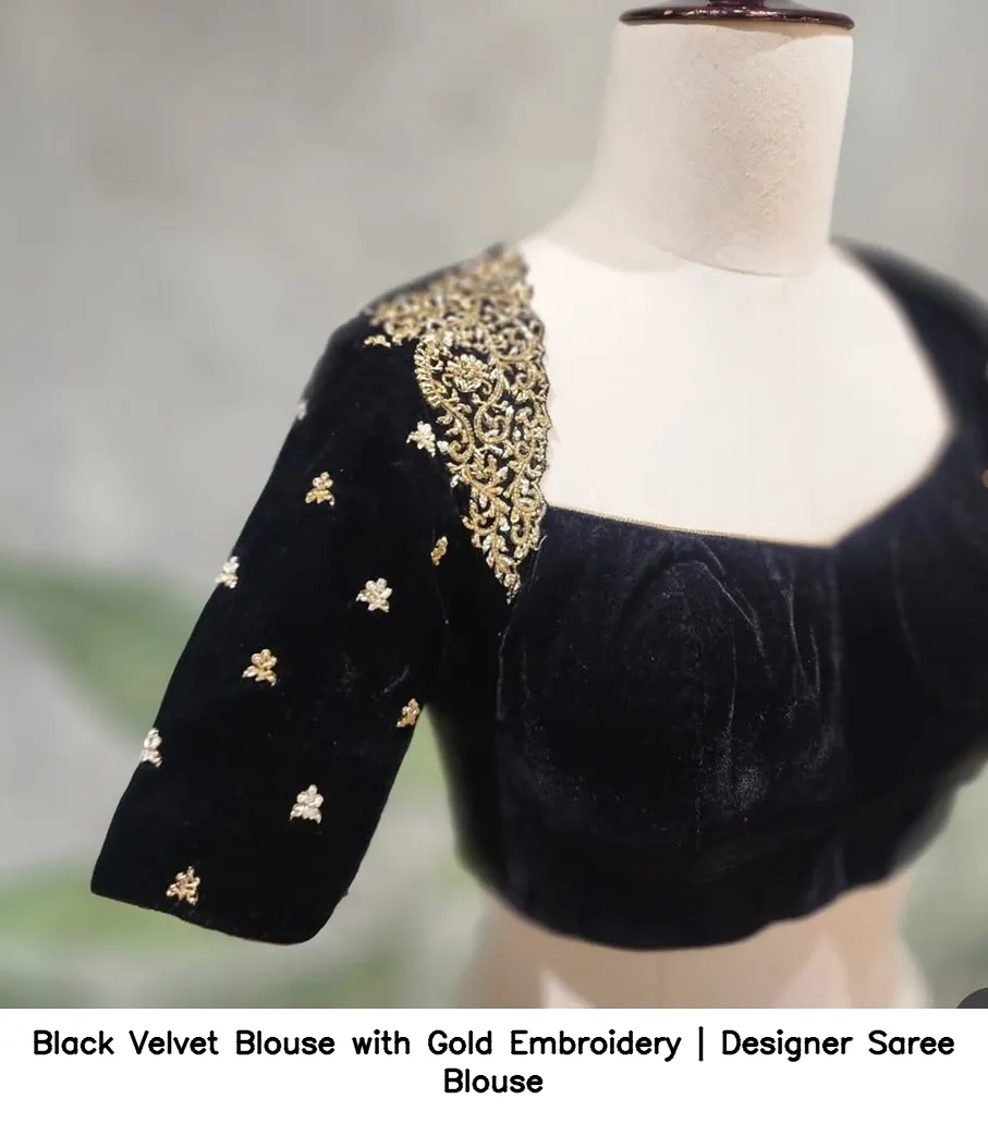 Black Velvet Blouse with Gold Embroidery | Designer Saree Blouse