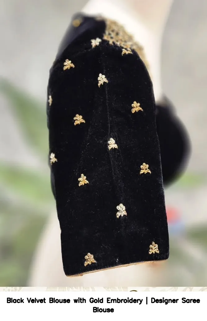 Black Velvet Blouse with Gold Embroidery | Designer Saree Blouse