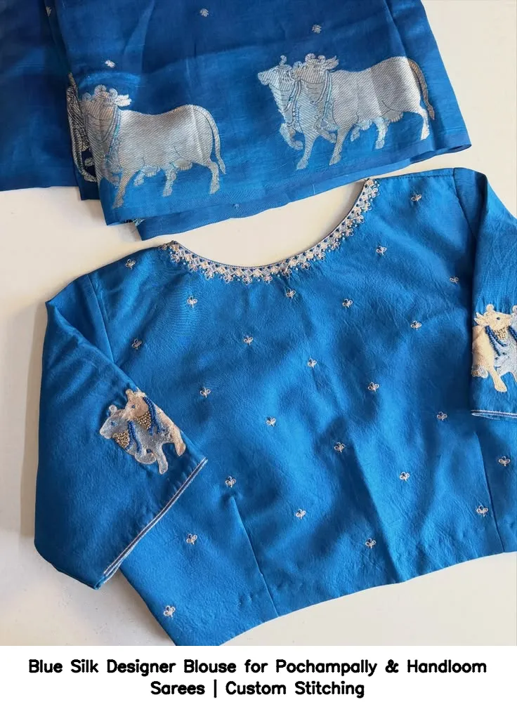 Blue Silk Designer Blouse for Pochampally & Handloom Sarees | Custom Stitching
