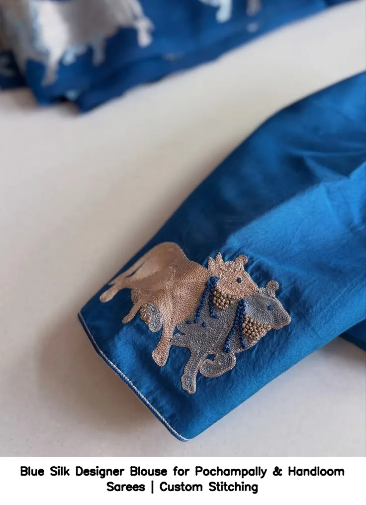 Blue Silk Designer Blouse for Pochampally & Handloom Sarees | Custom Stitching