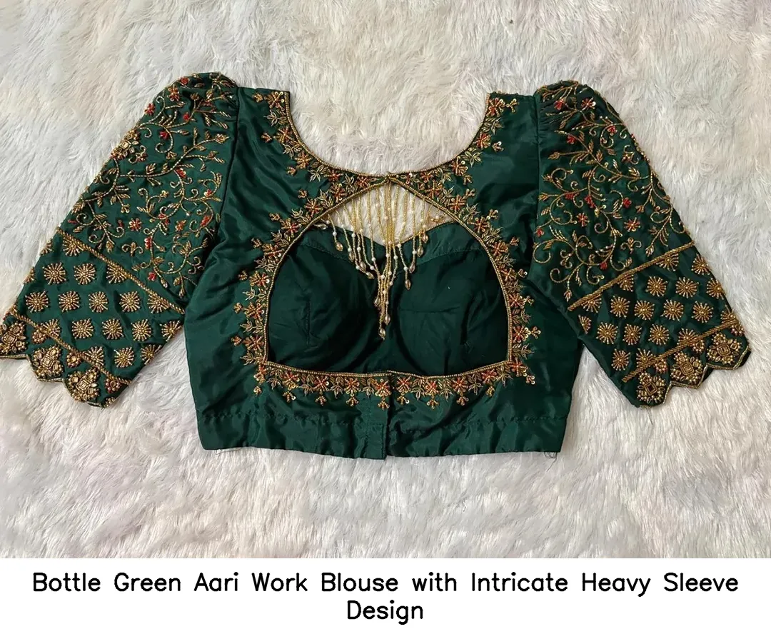 Bottle Green Aari Work Blouse with Intricate Heavy Sleeve Design