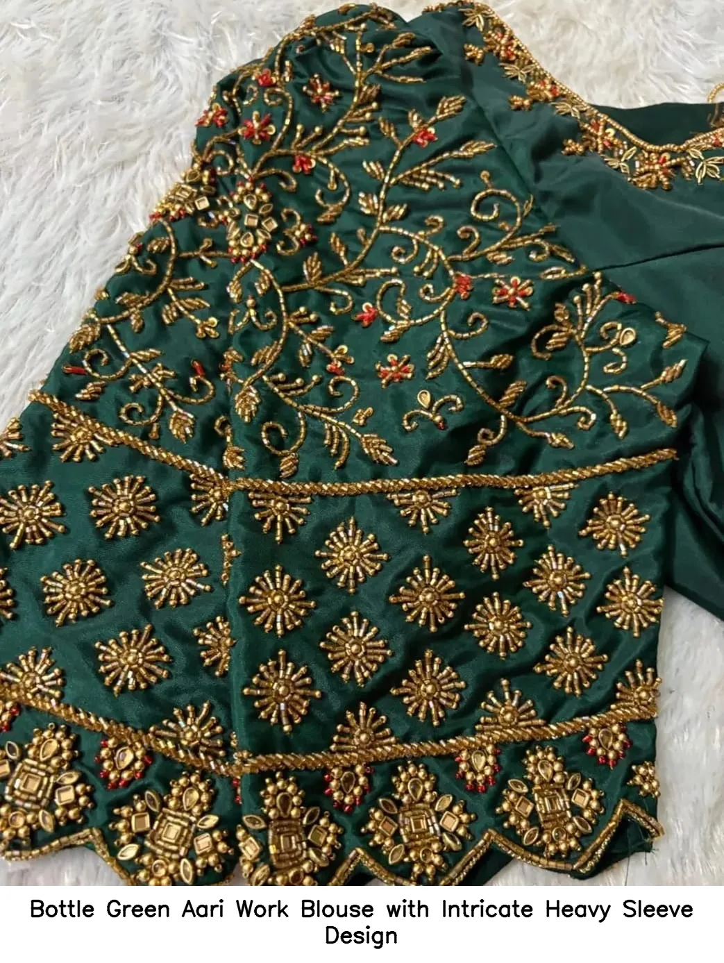Bottle Green Aari Work Blouse with Intricate Heavy Sleeve Design