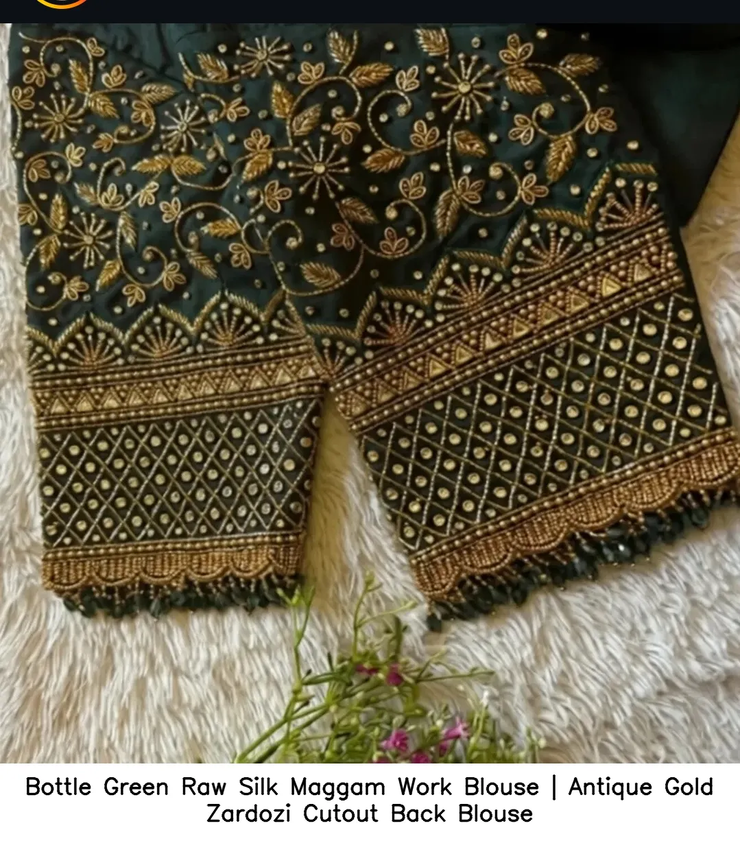Bottle Green Raw Silk Maggam Work Blouse | Antique Gold Zardozi Cutout Back Blouse