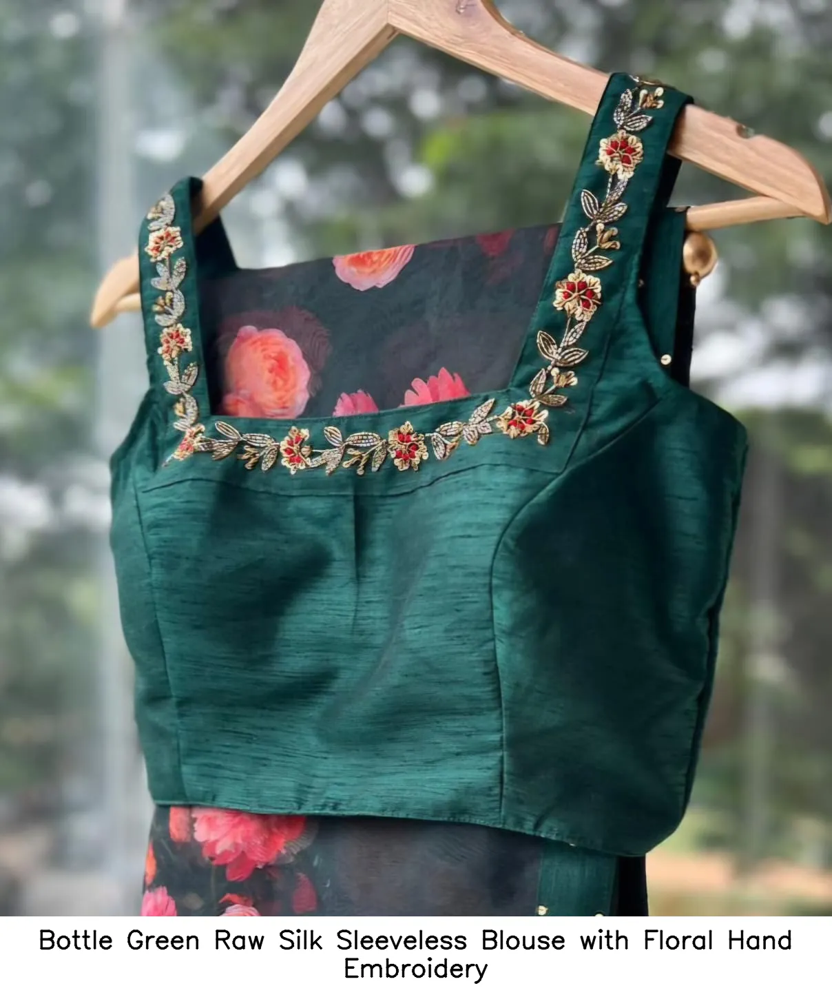 Bottle Green Raw Silk Sleeveless Blouse with Floral Hand Embroidery