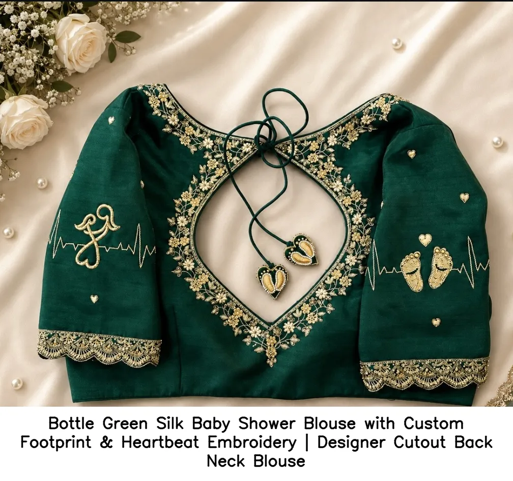 Bottle Green Silk Baby Shower Blouse with Custom Footprint & Heartbeat Embroidery | Designer Cutout Back Neck Blouse