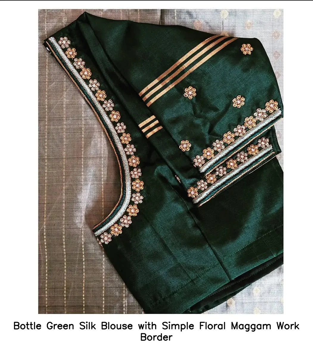 Bottle Green Silk Blouse with Simple Floral Maggam Work Border