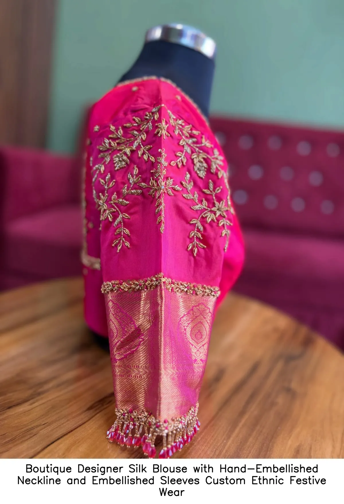 Boutique Designer Silk Blouse with Hand-Embellished Neckline and Embellished Sleeves – Custom Ethnic Festive Wear