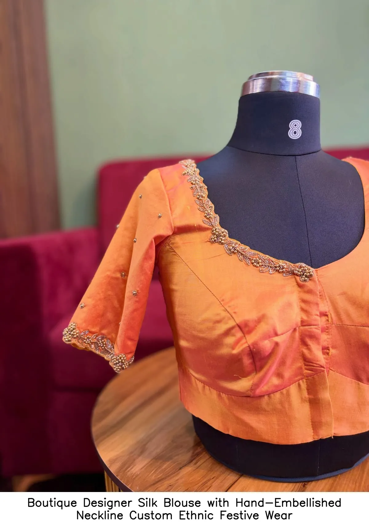 Boutique Designer Silk Blouse with Hand-Embellished Neckline – Custom Ethnic Festive Wear