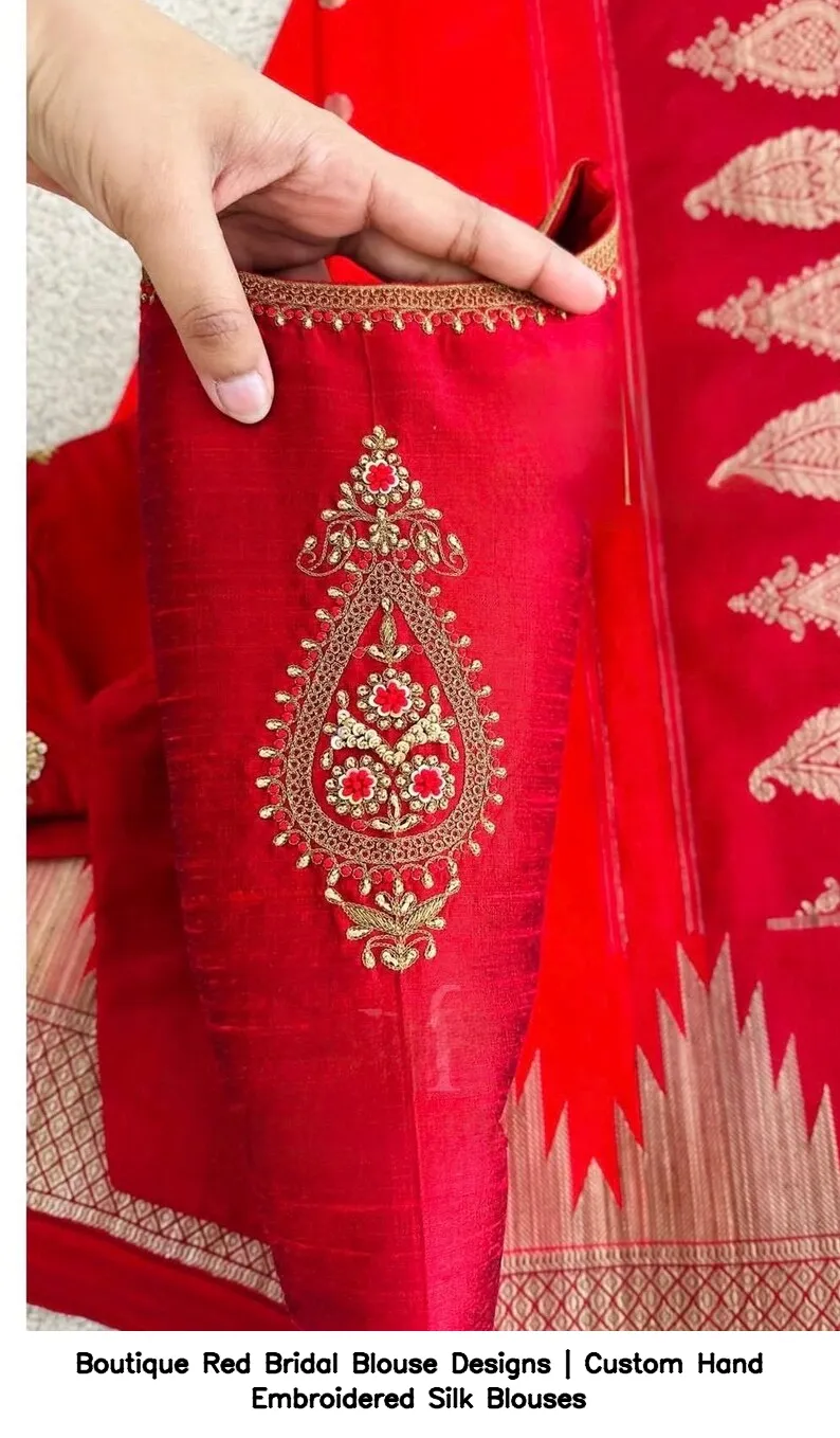 Boutique Red Bridal Blouse Designs | Custom Hand Embroidered Silk Blouses