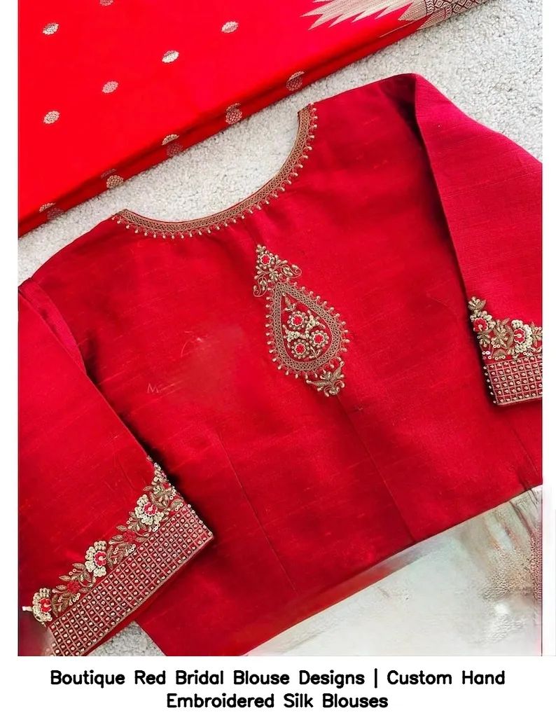 Boutique Red Bridal Blouse Designs | Custom Hand Embroidered Silk Blouses