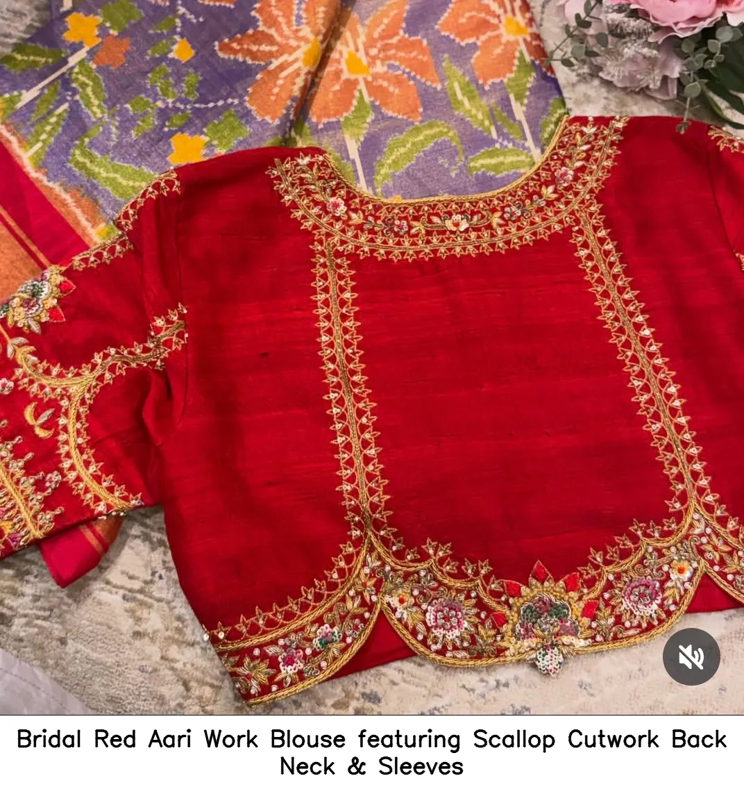 Bridal Red Aari Work Blouse featuring Scallop Cutwork Back Neck & Sleeves