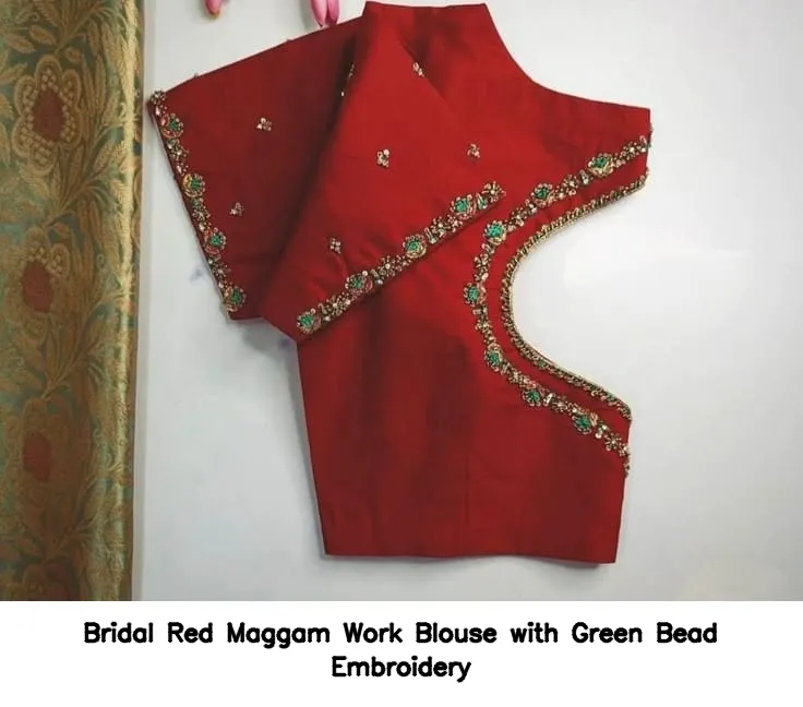 Bridal Red Maggam Work Blouse with Green Bead Embroidery