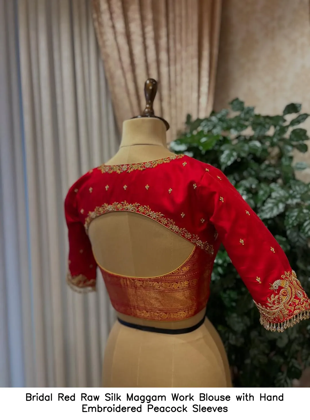 Bridal Red Raw Silk Maggam Work Blouse with Hand Embroidered Peacock Sleeves
