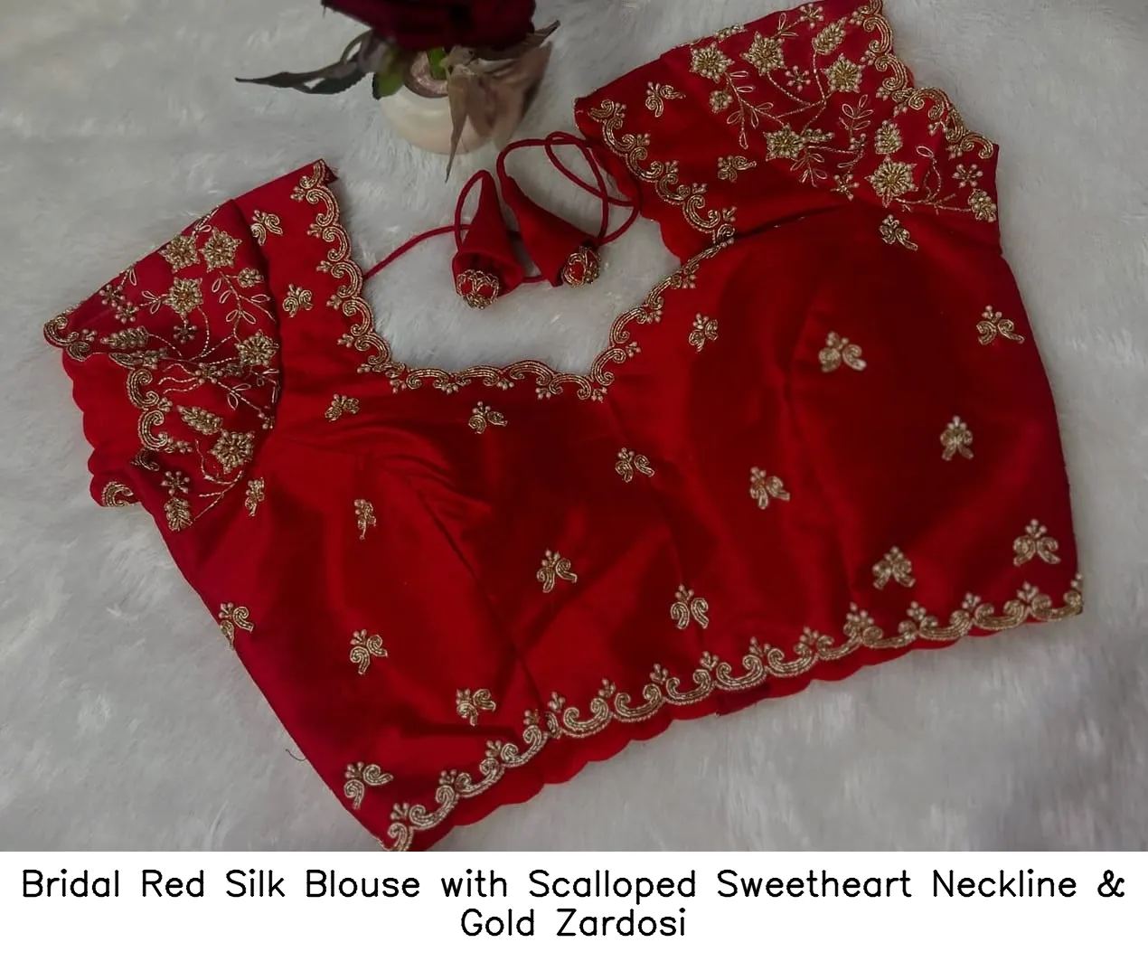 Bridal Red Silk Blouse with Scalloped Sweetheart Neckline & Gold Zardosi