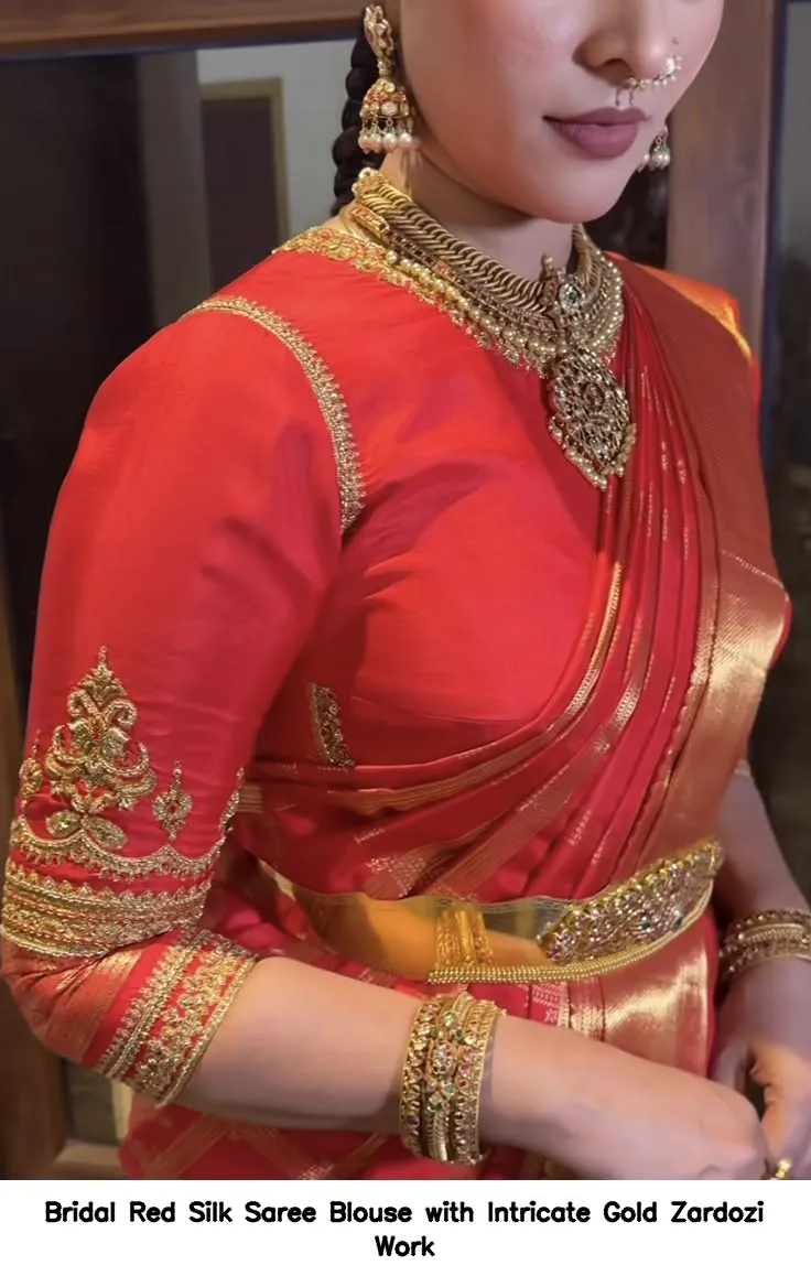 Bridal Red Silk Saree Blouse with Intricate Gold Zardozi Work
