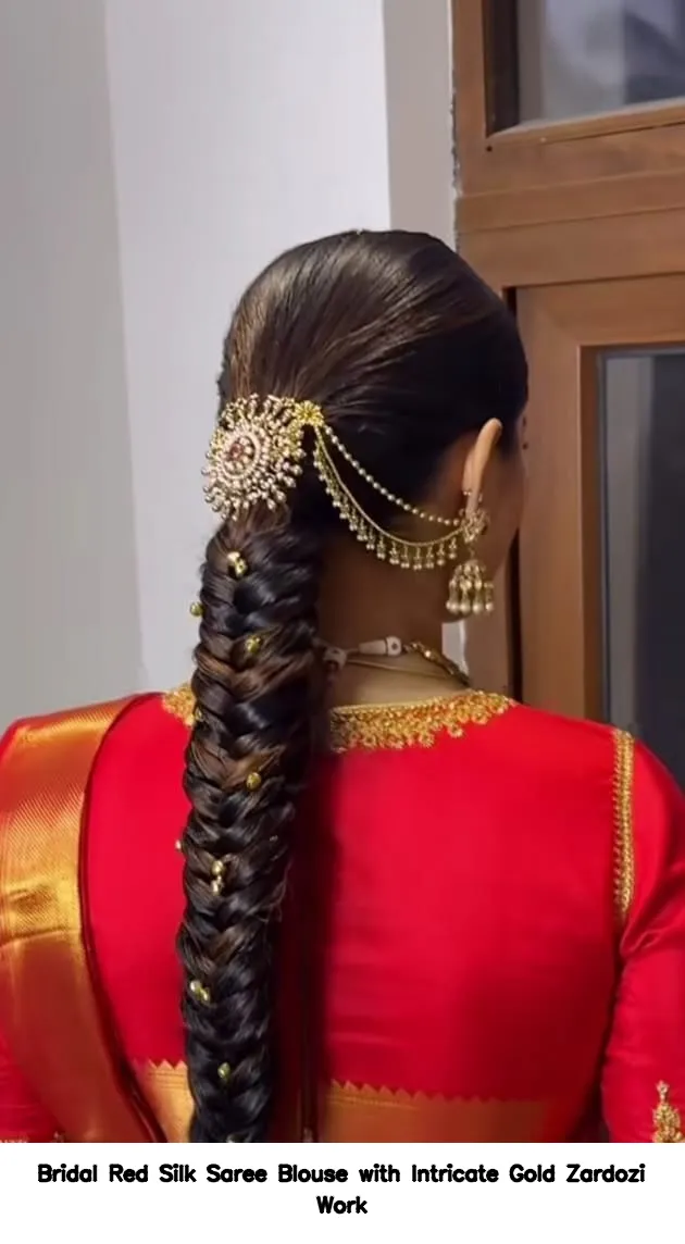 Bridal Red Silk Saree Blouse with Intricate Gold Zardozi Work