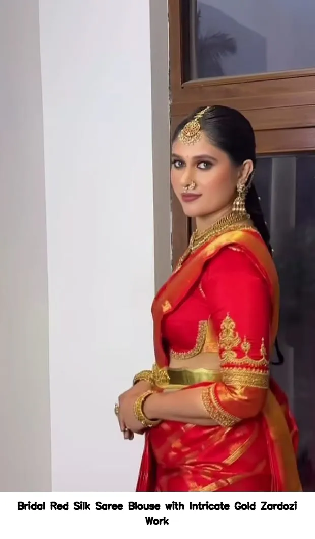 Bridal Red Silk Saree Blouse with Intricate Gold Zardozi Work