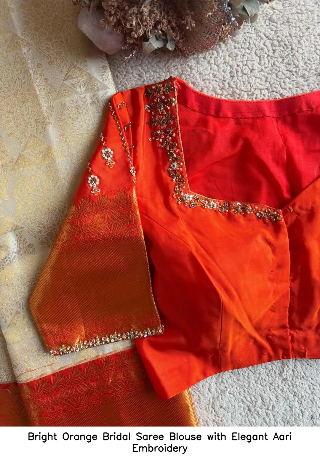 Bright Orange Bridal Saree Blouse with Elegant Aari Embroidery 1