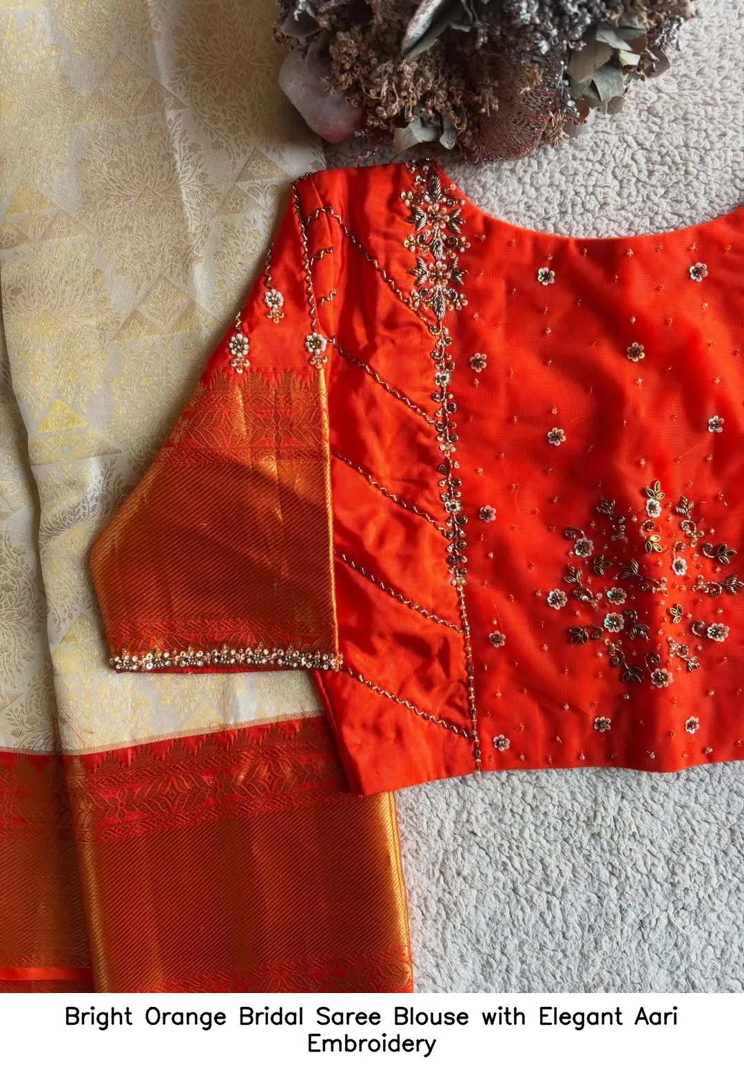 Bright Orange Bridal Saree Blouse with Elegant Aari Embroidery 2