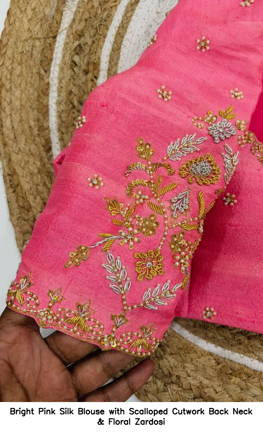 Bright Pink Silk Blouse with Scalloped Cutwork Back Neck & Floral Zardosi