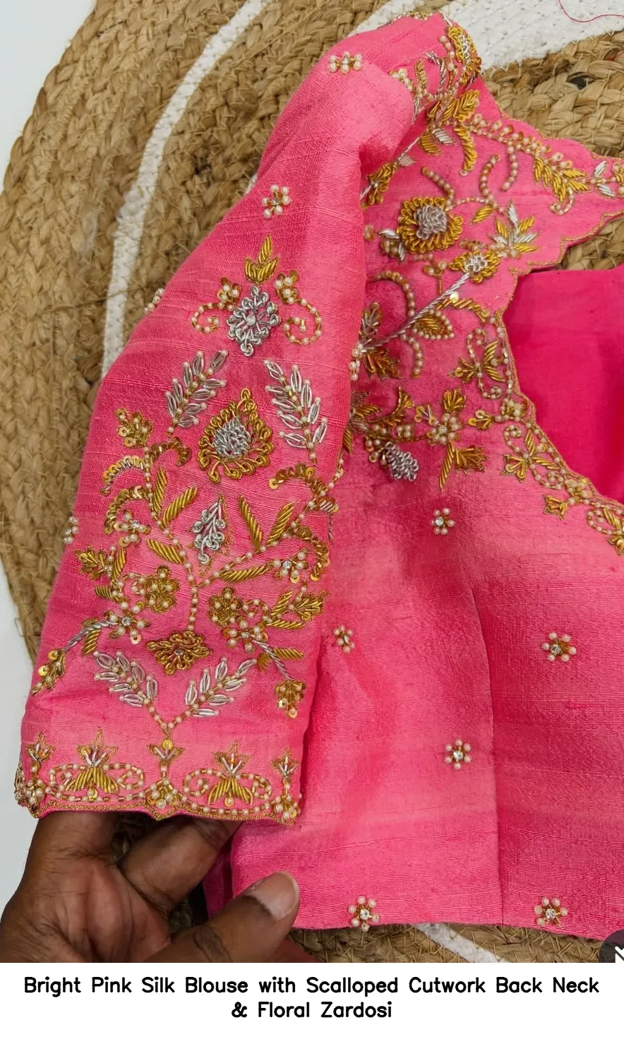 Bright Pink Silk Blouse with Scalloped Cutwork Back Neck & Floral Zardosi