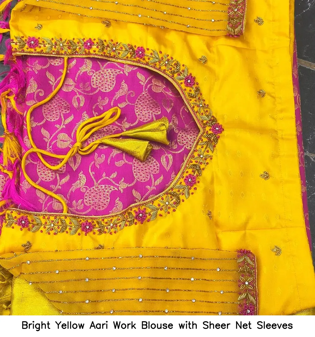 Bright Yellow Aari Work Blouse with Sheer Net Sleeves