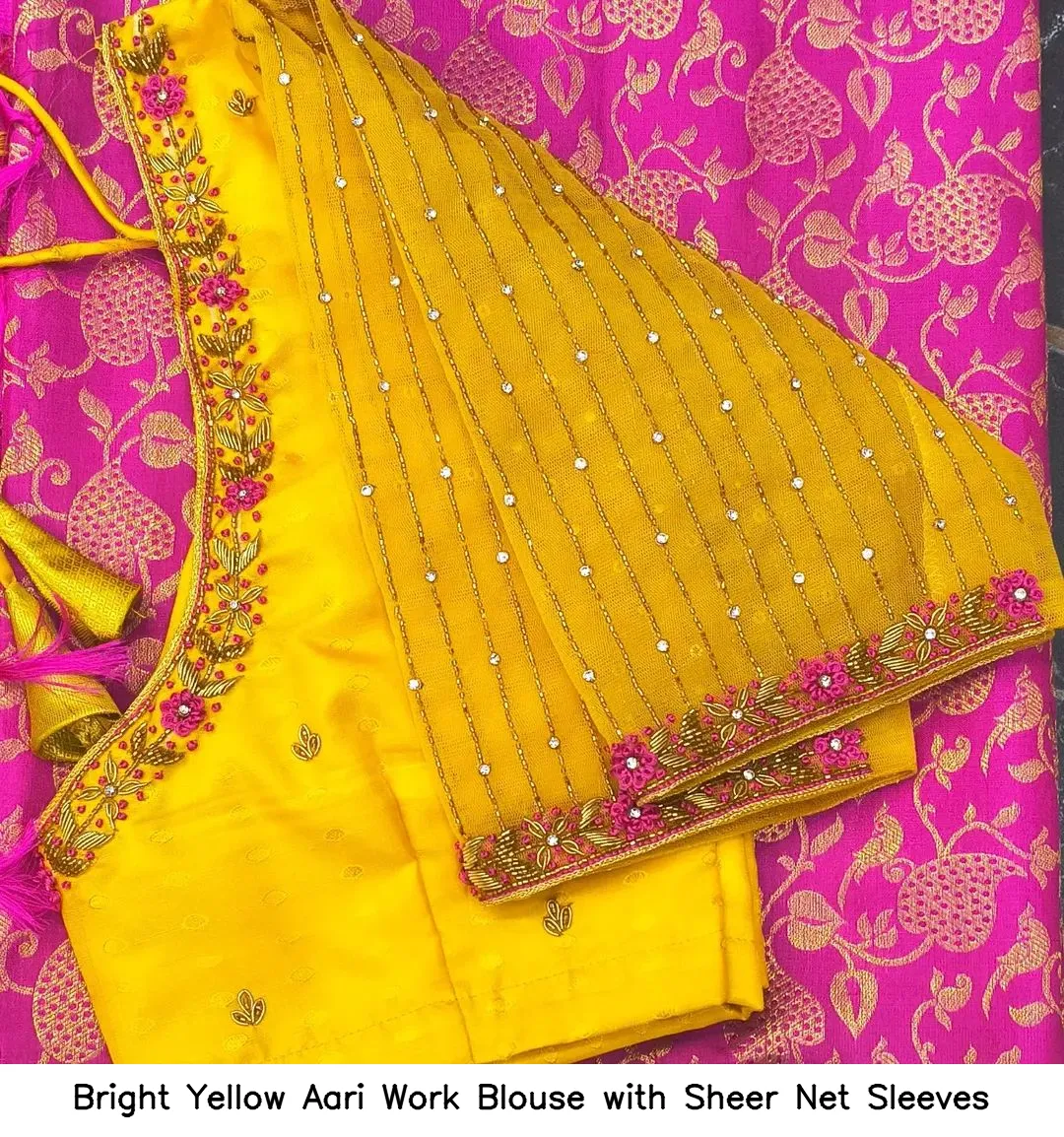 Bright Yellow Aari Work Blouse with Sheer Net Sleeves
