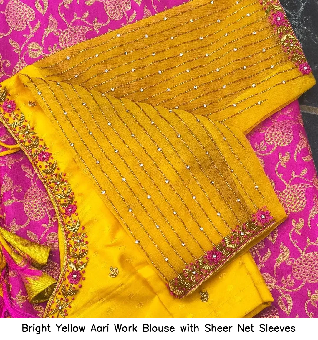 Bright Yellow Aari Work Blouse with Sheer Net Sleeves