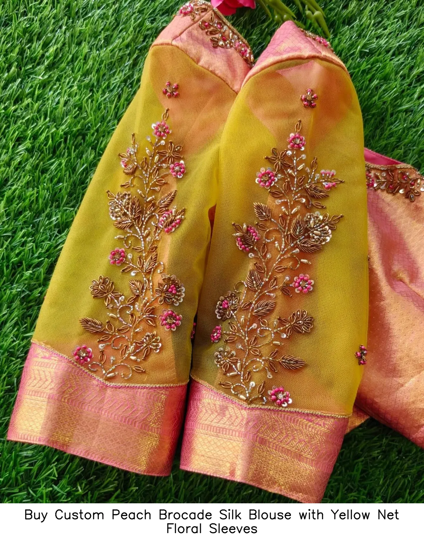 Buy Custom Peach Brocade Silk Blouse with Yellow Net Floral Sleeves