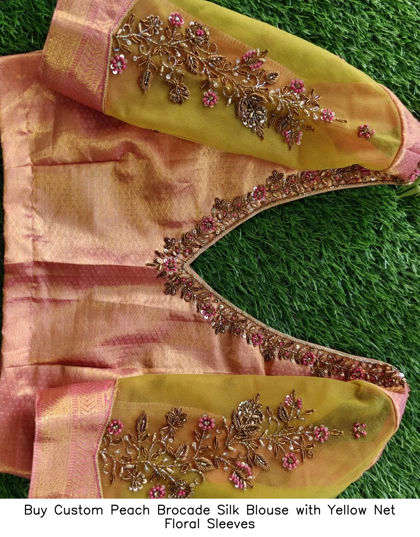 Buy Custom Peach Brocade Silk Blouse with Yellow Net Floral Sleeves