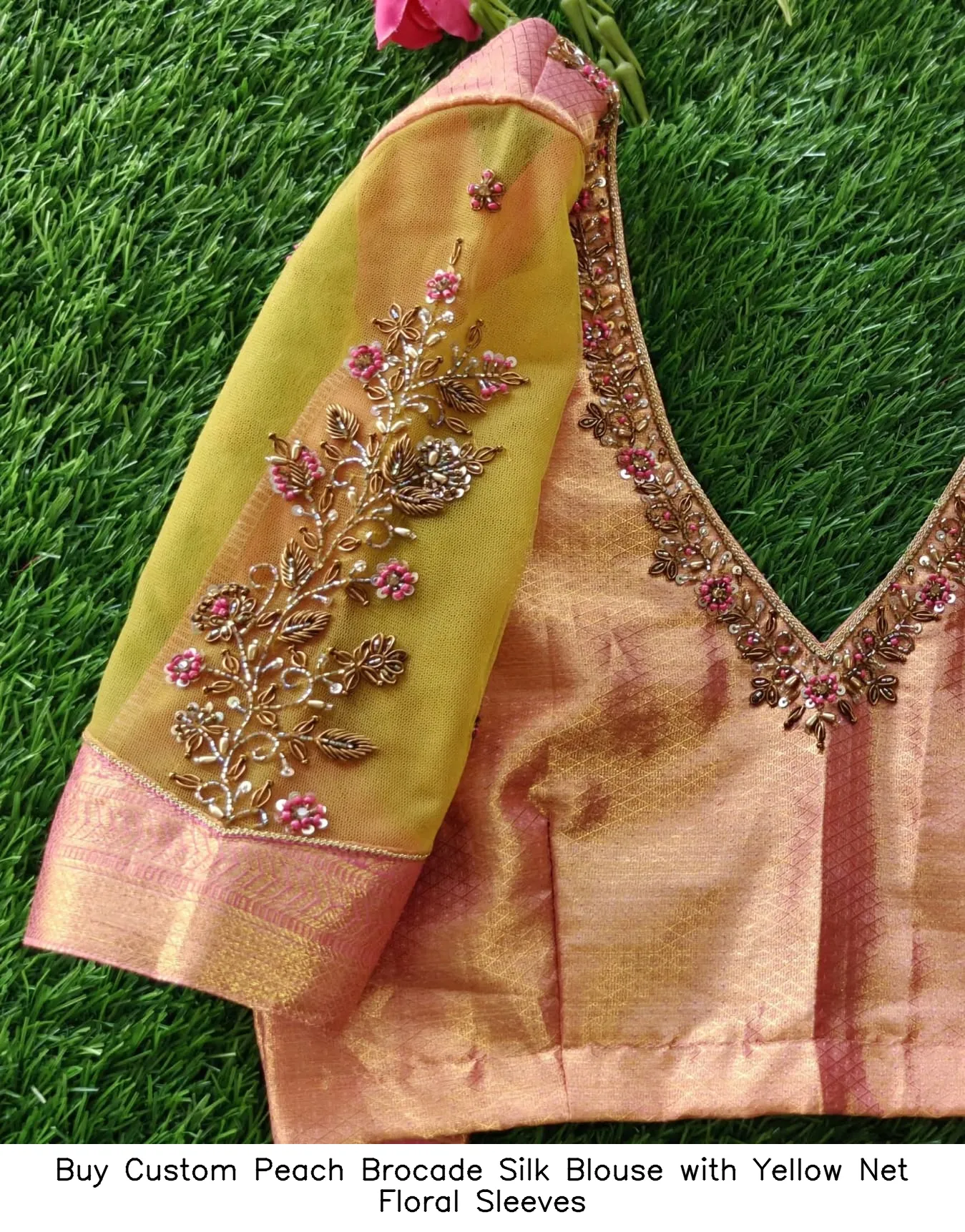 Buy Custom Peach Brocade Silk Blouse with Yellow Net Floral Sleeves