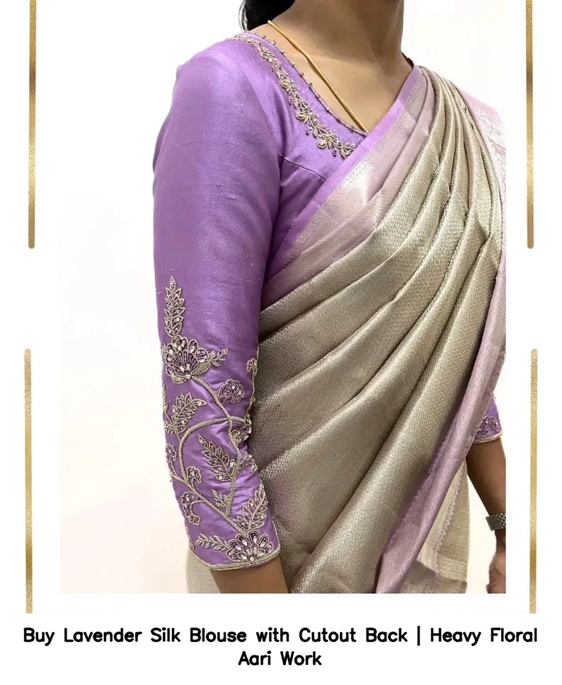 Buy Lavender Silk Blouse with Cutout Back | Heavy Floral Aari Work